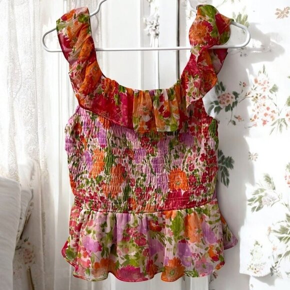 Lauren Conrad Romantic Floral Ruffle Smocked Summer Blouse Size M - Picture 1 of 10